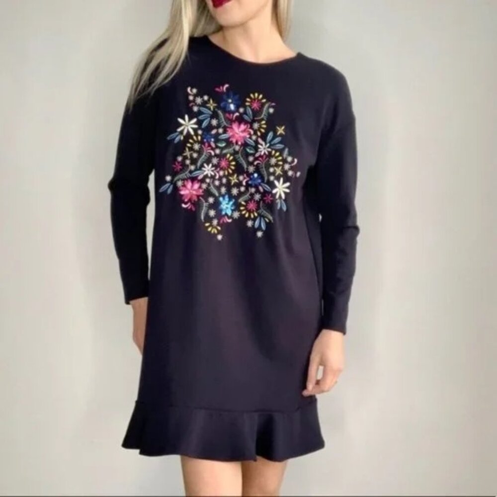 Zara Woman Basic Black Long Sleeve Embroidered Floral Shift Dress Ruffle Hem S